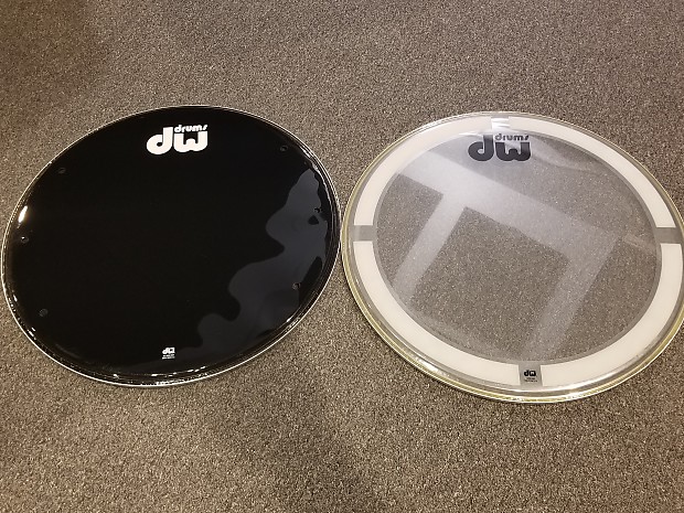 DW Drums 24 Bass Drum Logo Heads Set. Black Resonant Clear Coated Batter w free DW Shirt