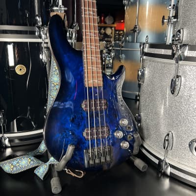 Schecter Guitar Research Omen Elite 4 / Four String Electric Bass Guitar in See-Thru Blue Burst with Hardshell Case image 2
