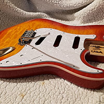 Bottom price on the last USA made bound Alder body in "Cherry sunburst" Quilt top. Made for a Strat neck # CSS-2. image 9