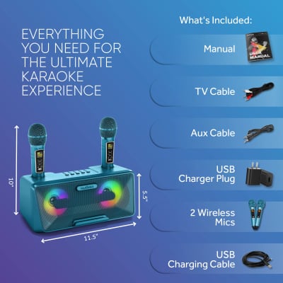 MASINGO Karaoke Machine for Adults and Kids with 2 UHF Wireless Microphones, Portable Bluetooth Singing Speaker, Colorful LED Lights, PA System, Lyrics Display Holder & TV Cable - Presto G2 Turquoise image 7