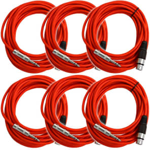 Seismic Audio SATRXL-F25RED6 XLR Female to 1/4" TRS Male Patch Cables - 25' (6-Pack)