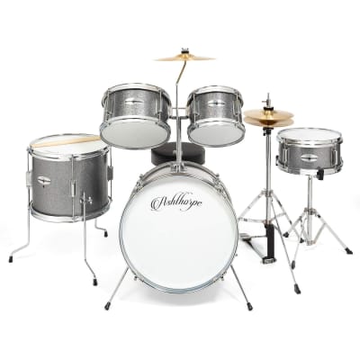 5-Piece Complete Junior Drum Set With Genuine Brass Cymbals - Advanced Beginner Kit With 16" Bass, Adjustable Throne, Cymbals, Hi-Hats, Pedals & Drumsticks - Silver image 2