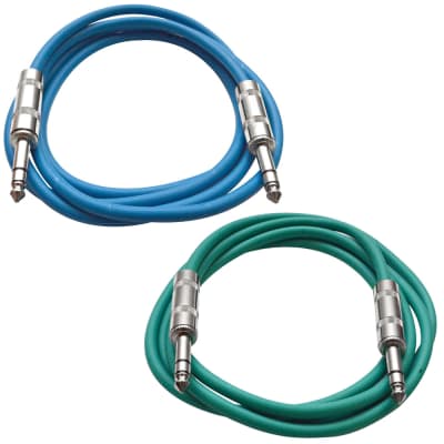 2 Pack of 1/4" TRS Patch Cables 3 Foot Extension Cords Jumper Blue and Green image 1