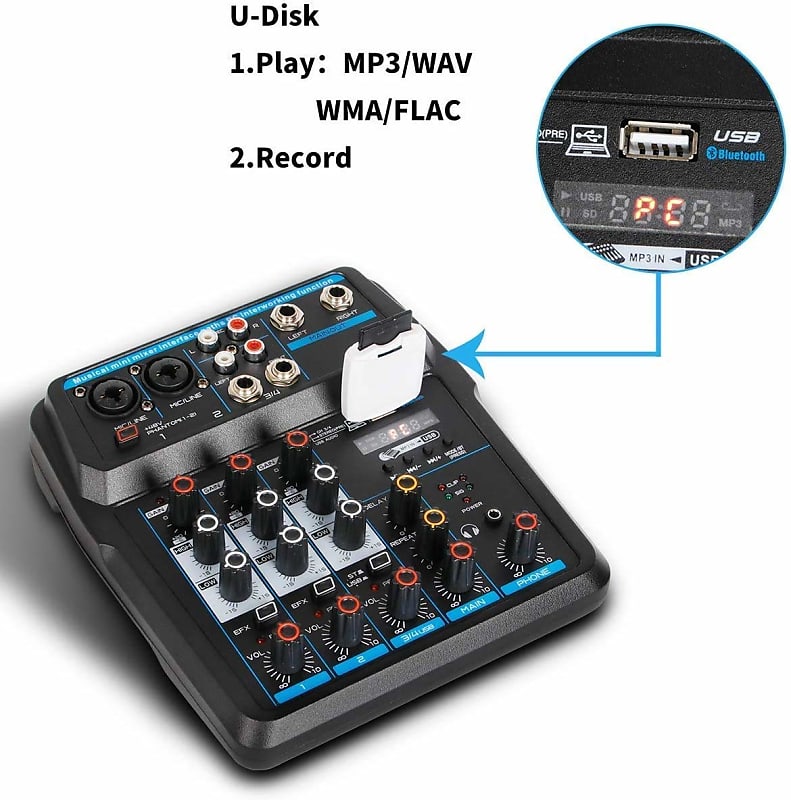  4-Channel USB Interface Mixer, DJ Sound Controller Mini Mixer  Professional Digital Audio Portable Sound Mixing Console with Sound Card &  Bluetooth Function for PC Recording - Depusheng M4, Black : Musical