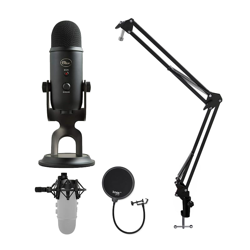 Blue Yeti Microphone (Blackout) with Knox Boom Arm Stand, Pop Filter and  Shock Mount Bundle, USB