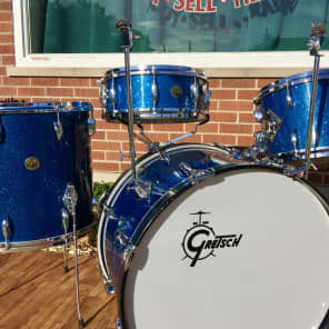 1959/60 Gretsch Round Badge Broadkaster Name-Band Drum Set - Blue Glass Glitter 22/13/16/5x14 Snare image 14