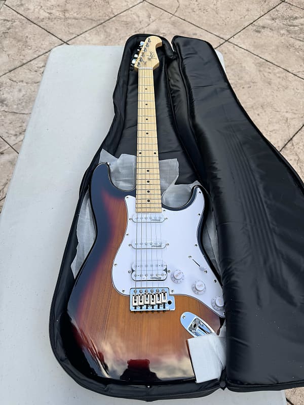 New Sunburst Ash Body Indio Cali DLX Plus HSS Electric Guitar with Gig Bag - Wilkinson Bridge/Pickups, White Pickguard, Maple Fingerboard image 1