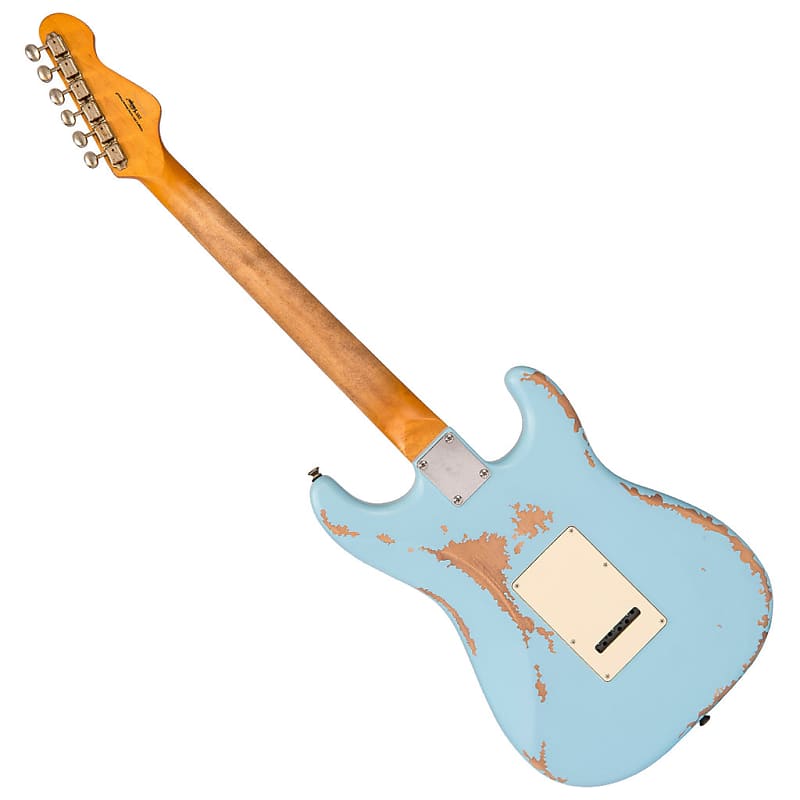 Vintage V6 ICON Electric Guitar Left Hand Distressed Laguna Blue Reverb