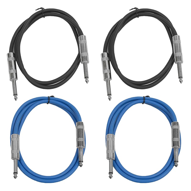 4 Pack of 3 Foot 1/4" TS Patch Cables 3' Extension Cords Jumper - Black & Blue image 1