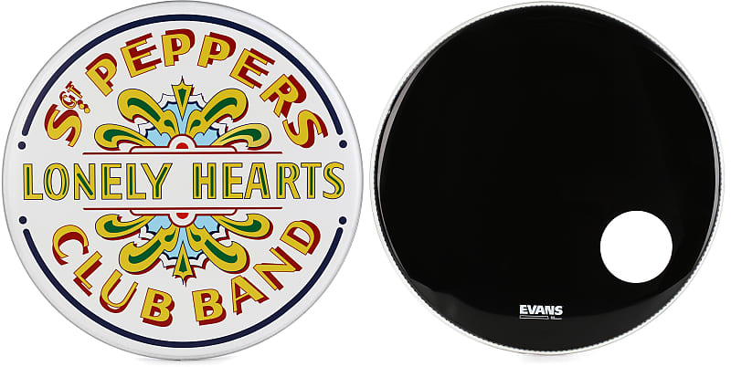Evans Inked Sgt. Pepper 50th Anniversary Bass Drumhead - 22 inch  Bundle with Evans EQ3 Resonant Black Bass Drumhead - 24 inch - With Port Hole image 1