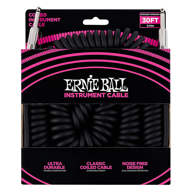 Ernie Ball 30' Coiled Instrument Cable Straight-Straight Black image 1