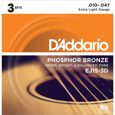 3 Sets of D'Addario EJ15 Phosphor Bronze Extra Light Acoustic Guitar Strings (10-47) image 1