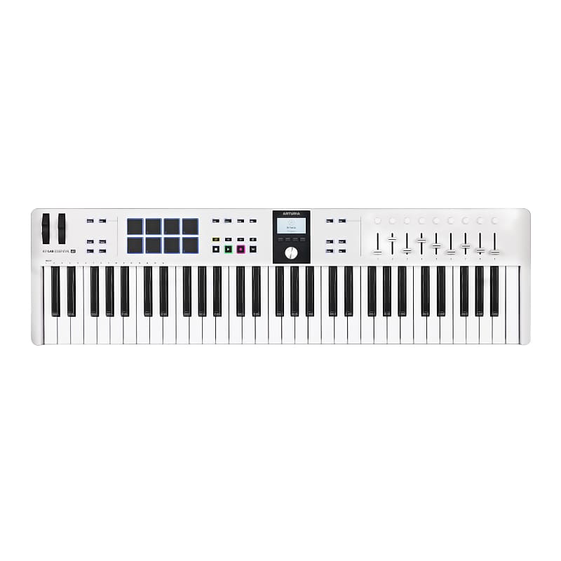 Arturia KeyLab Essential 61 mk3 MIDI Universal Keyboard Controller with  Custom DAW Scripts (White) Bundle with Adjustable Double X Keyboard Stand,  
