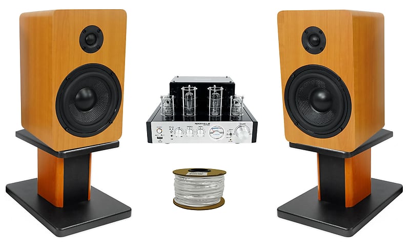 Rockville BluTube Tube Amplifier+5.25&quot; Wood Bookshelf Speakers+8&quot; Wood Stands + Rockville BLUE 14G50 OFC 14 Gauge 50 Foot 100% Copper Speaker Wire  			