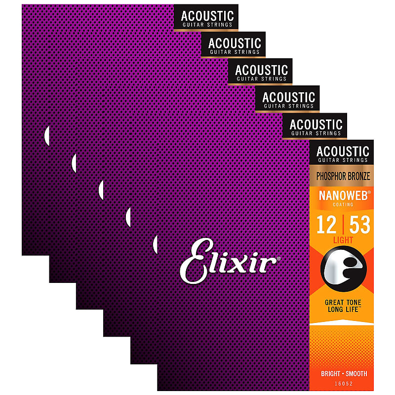 Elixir 16052 Nanoweb Phosphor Bronze Acoustic Guitar Strings 12-53 Light 6-Pack w/Bonus Elixir Pick image 1