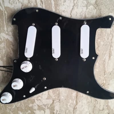 Handmade prewired SSS NEODYMIUM Stacked coils PU's Strat pickguard with HB split on N&B, volume TR BL and mid PU cutoff switch image 1