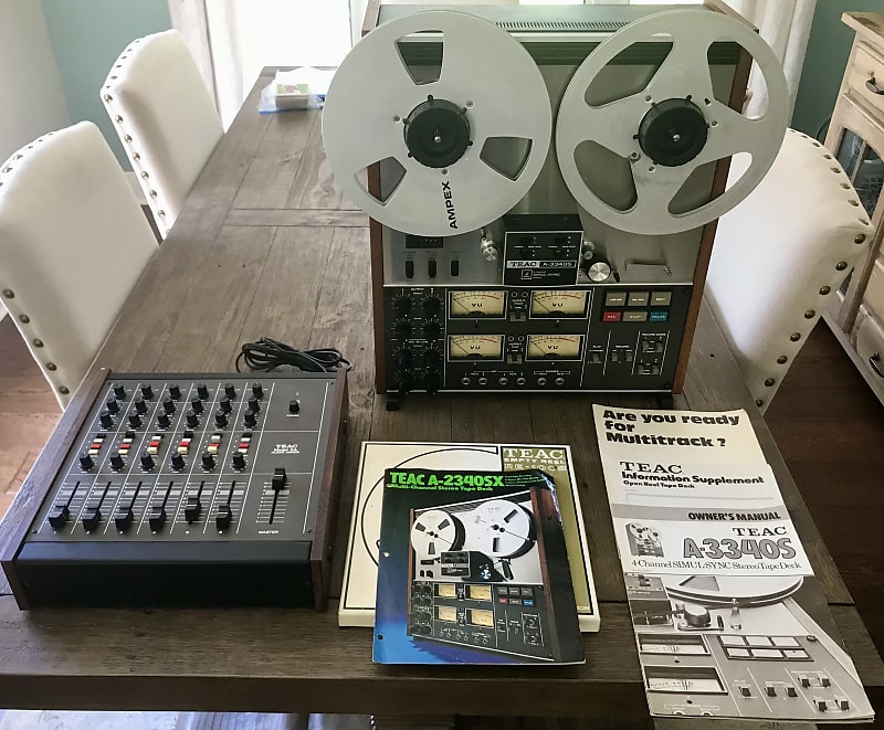 TEAC A-3340S Reel to Reel Tape Deck w/companion TEAC Model 2A Audio Mixer,  manuals, tape reels