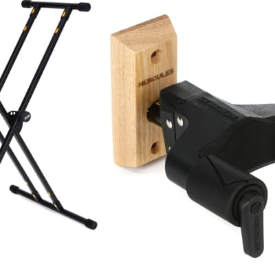 On-Stage KS8191 Bullet Nose Keyboard Stand with Lok-Tight Attachment  Bundle with Hercules Stands GSP38WB PLUS Short Arm Wood Base Wall Mount Guitar Hanger with Auto Grip System - Natural image 1
