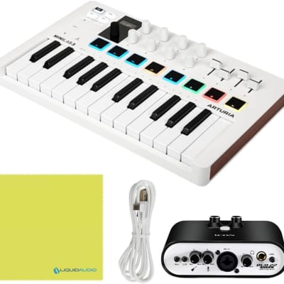 Arturia MiniLab 3 MIDI Keyboard Controller Bundle with Icon Duo22 Live USB Audio Interface, USB Cable & Polishing Cloth - 25 Key MIDI Keyboard for Recording Studio Equipment, Software Included (WHITE)