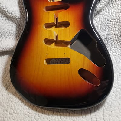 Top quality USA made Alder gloss Nitro body in "3 tone sunburst". Made for a Strat neck.#3TNS-1. only 3lb ,11 ounces. Free pick guard while supplies last. image 1