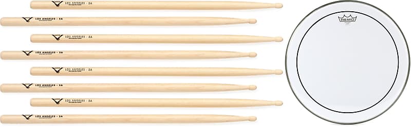 Vater Hickory Drumsticks 4-pack - Los Angeles 5A - Wood Tip  Bundle with Remo Pinstripe Clear Drumhead - 16 inch image 1