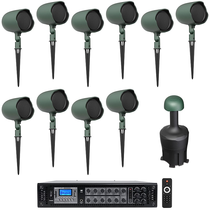 (10) JBL-GSF3-GN 3&quot; Landscape Ground Stake 70v Commercial Speakers+8&quot; Sub+Amp  			