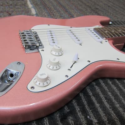 Crescent Strat Style Guitar, Salmon Colo Plays Good, Sounds Good, Needs New Strings, Cool Color, Goo image 3