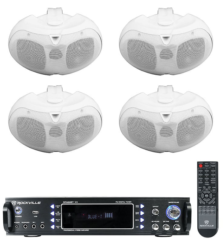 (4) Rockville D4-16 White Dual 4&quot; 16 Ohm Outdoor Home Patio Speakers+Receiver  			