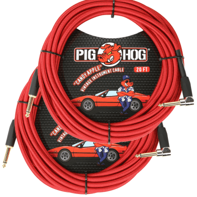 2 Pack Pig Hog 20ft 1/4 Candy Apple Red Guitar Ins Cable Cord Right-Angle PCH20CAR image 1