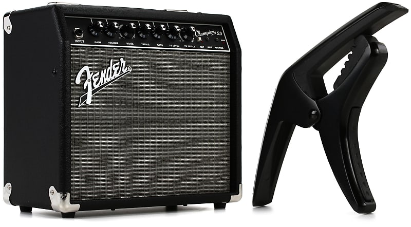 Fender Champion 20 1x8 inch 20-watt Combo Amp Bundle with Fender Phoenix  Guitar Capo for Steel-string Electric or Acoustic Guitars