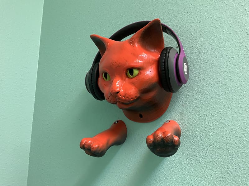 Orange Cat Wall Hanger Cat w Green Eyes Headphone Stand like