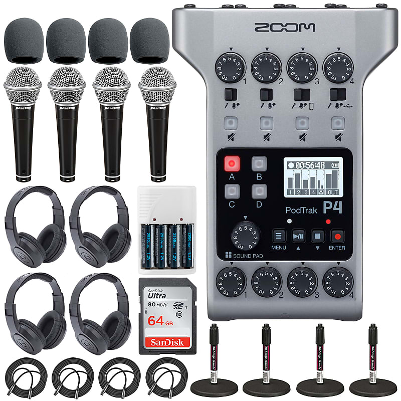 Zoom PodTrak P4 Portable Multitrack Podcast Recorder + 64GB SDXC Memory  Card + 4x Dynamic Cardioid Handheld Mic + 4x Stereo Headphones + 4x Foam