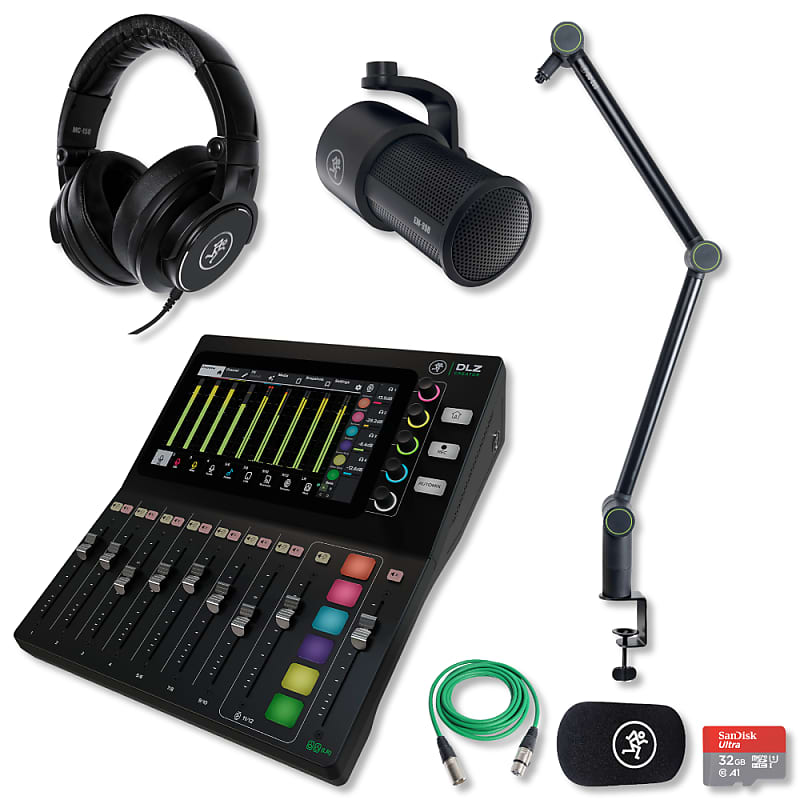 Mackie DLZ Creator Digital Mixer with Mackie EM-99B Dynamic Microphones,  MC-150 Professional Closed-Back Headphones, DB-200 Microphone Boom Arms,  32GB