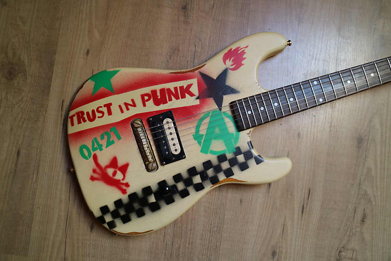 Custom painted Slick Guitars SL54 Skullcat QNSTANG trust in punk Stencil Graffiti Guitar image 1