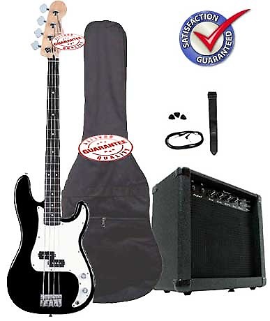 Electric Bass Guitar Pack with 20 Watts Amplifier, Gig Bag, Strap, and Cable, Black image 1