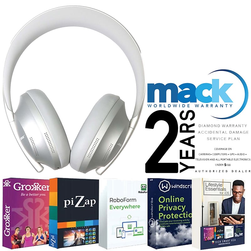 Bose Noise-Canceling Headphones 700 Bluetooth Headphones (Silver) + Mack 2yr Worldwide Diamond Warranty for Portable Electronic Devices Under $500 + Lifestyle Essentials for IOS - Free Subscription to Grokker piZap RoboForm and Windscribe Softwares image 1
