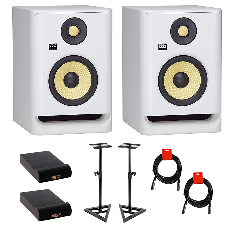 (2) KRK ROKIT RP5 G4 5 Studio Monitor DSP Speakers White Noise  Edition+Mic+Pads