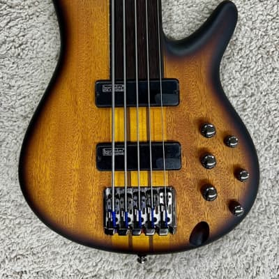 Ibanez SRF705BBF Portamento 5-String Electric Bass, Natural Browned Burst Flat image 6