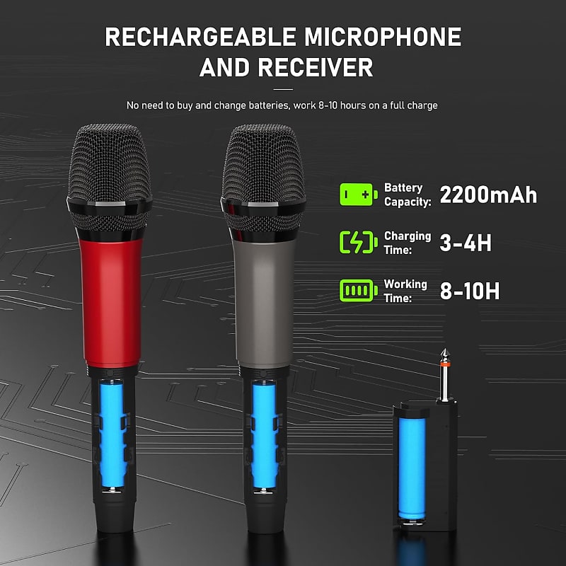 Rechargeable Wireless Microphone Battery 2000mAh UHF Dual Handheld Mic with  Rechargeable Receiver For Karaoke Party Home Meeting