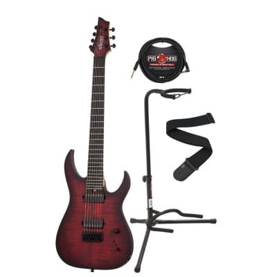 Schecter Sunset-7 Extreme 7-String Nyatoh Body Electric Guitar Right-Handed (Scarlet Burst) Bundle with 10-Feet Instrument Cable, Guitar Stand and Strap (4 Items) for sale