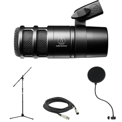 Audio-Technica AT2040 Hypercardioid Dynamic Podcast Microphone with On-Stage Stands MS7701B Boom Microphone Stand, Microphone Pop Filter and XLR Cable