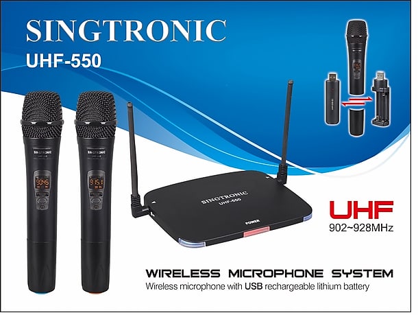 SINGTRONIC UHF 550 PROFESSIONAL UHF DUAL WIRELESS MICROPHONE SYSTEM FREE USB CHARGER