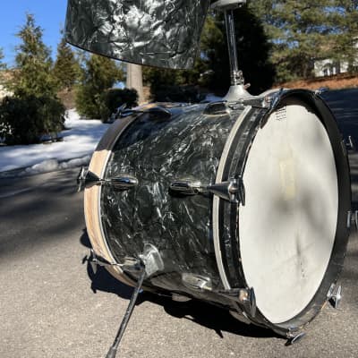 1967-68 Slingerland Jazz set Bop Kit 18” Bass drum & 10” concert from Modern Combo 75N tom 3-ply maple/poplar/mahogany shells with re-rings with Setomatic tom post BDP Black Diamond Pearl image 6