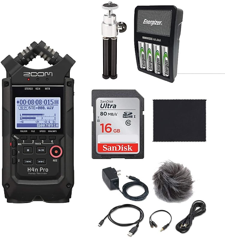Zoom H4n Pro All Black Finish Handy Recorder,APH-4N Accessory pack,16 GB SD card,Rechargeable Batteries,Mic Stand and Microfiber Cloth image 1