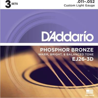 D'ADDARIO PHOSPHOR BRONZE ACOUSTIC GUITAR STRINGS CUSTOM LIGHT .011-.052 3 PACK for sale