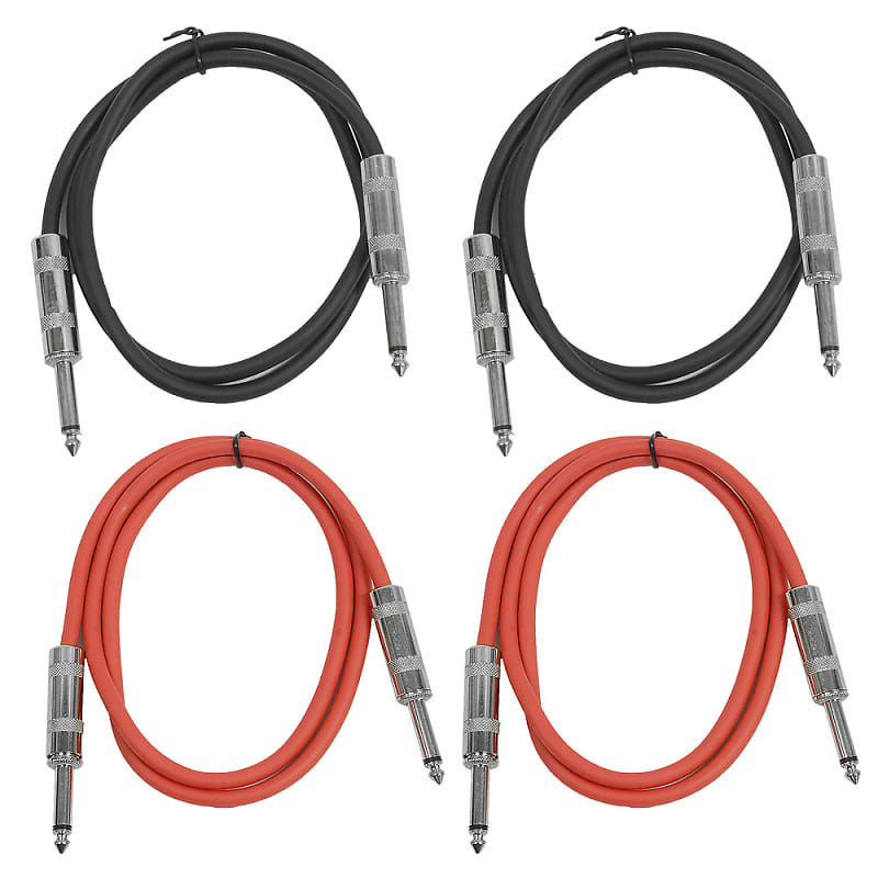 4 Pack of 2 Foot 1/4" TS Patch Cables 2' Extension Cords Jumper - Black & Red image 1
