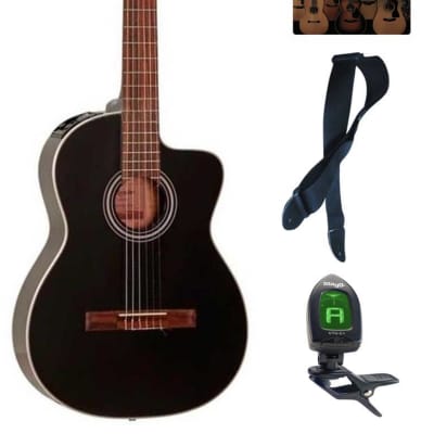Takamine G Series GC1CE-BLK Acoustic-Electric Classical Guitar, Black Bundle image 1