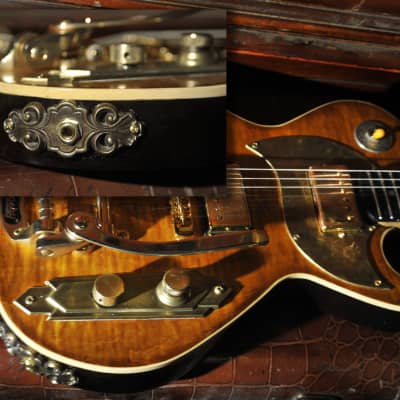 Postal Delta Zephyr Tigerburst Pearly Gates Pups Gold Bigsby Featured in vintage Guitar Magazine image 12