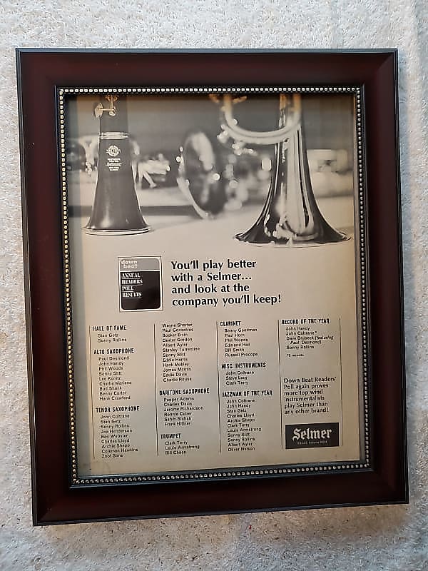 1966 Selmer Horns Promotional Ad Framed Readers Poll Selmer Players Coltrane, Getz, Desmond Original image 1