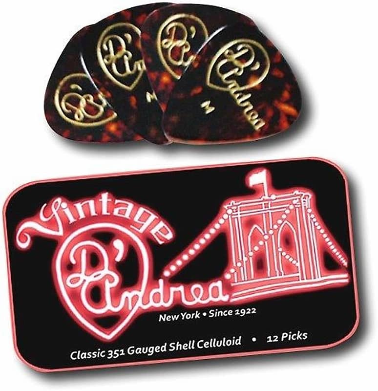 D'andrea 351 VINTAGE SHELL CELLULOID Guitar Picks 1.21 X -HEAVY 12 picks in Tin image 1